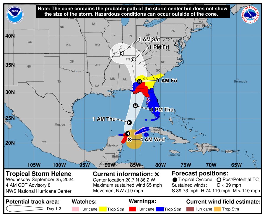 tropicalupdate's tweet photo. Wednesday AM NHC update on Helene. Major Hurricane still expected. No big changes. Very wide system with impacts way east of cone. And way north after landfall. https://t.co/Hk3pbO7x8H https://t.co/sYIoL39e12