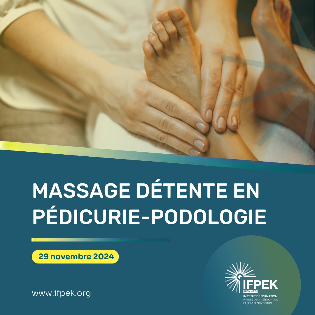 [𝗔𝗖𝗧𝗨 𝗣𝗢𝗗𝗢] Offrez un instant de détente ⛩ en intégrant le massage dans vos soins avec la formation : "Massage détente en pédicurie-podologie"🦶.

Plus d'informations
🏢 IFPEK, Rennes
📅 29 novembre 2024
🌐 ifpek.mp-formation.fr/formation-mass…

#pédicurie #podologie