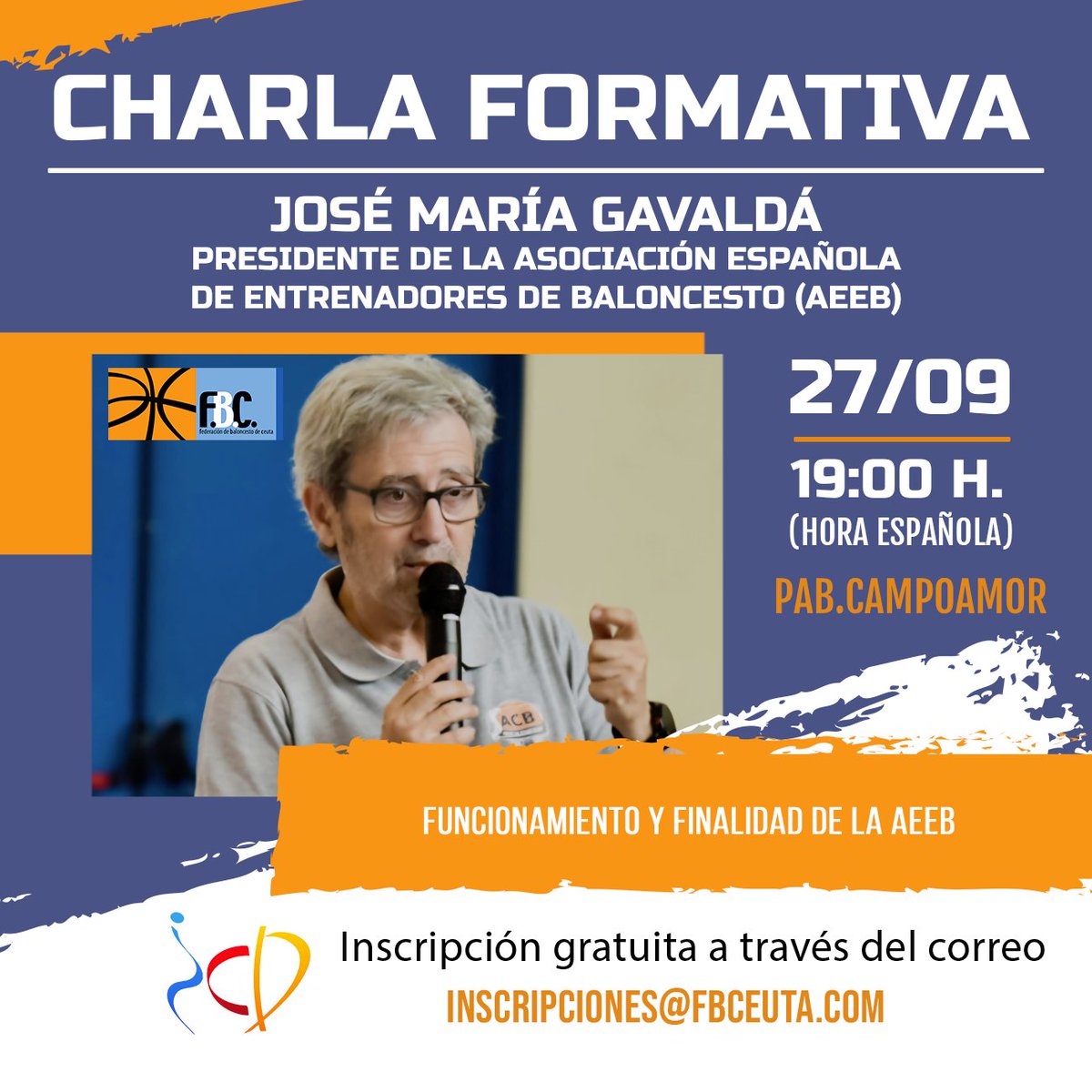 🏀✨ ¡La #FBC continúa con su formación! ✨🏀

📅 25/09, 20:30h: Aldo Rodríguez (FEB) sobre criterios arbitrales vía Zoom. 💻
📅 27/09, 19:00h: José María Gavaldá (AEEB) en el pabellón Campoamor. 🗣️
🔗inscripciones@fbceuta.com

¡No te lo pierdas! 💪🏽

#FBC #Baloncesto #Ceuta