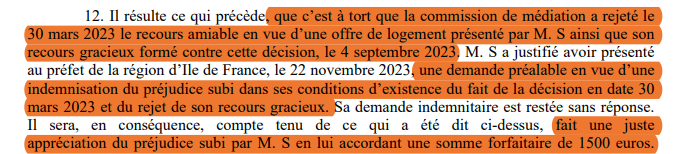 Décision intéressante : un juge accorde 1500 euros de dédommagement à un ménage mal logé, soutenu par l'<a href="/AssoDalo/">Association DALO</a>, dont le "dossier DALO" et son recours gracieux avaient été rejetés à tort par la commission de médiation (COMED) de Paris. Vite, à reproduire ... #Justice #DALO
