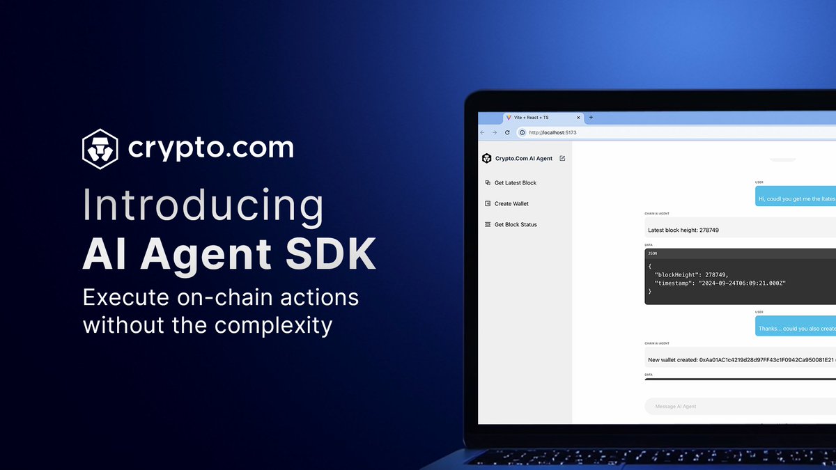 Introducing https://t.co/hcDm4vdJaJ AI Agent SDK – an artificial  intelligence (AI) powered software that can translate natural human  language to blockchain functions. Built for developers 🤖🔗 Follow  @cryptocom_agent to get the latest updates!