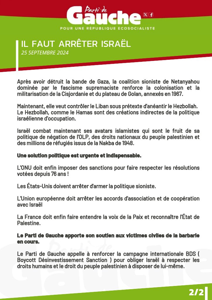LePG's tweet photo. IL FAUT ARRÊTER #ISRAËL  
ET APPLIQUER DES SANCTIONS
HALTE AU MASSACRE DES  POPULATIONS CIVILES https://t.co/niv4MNnfNT