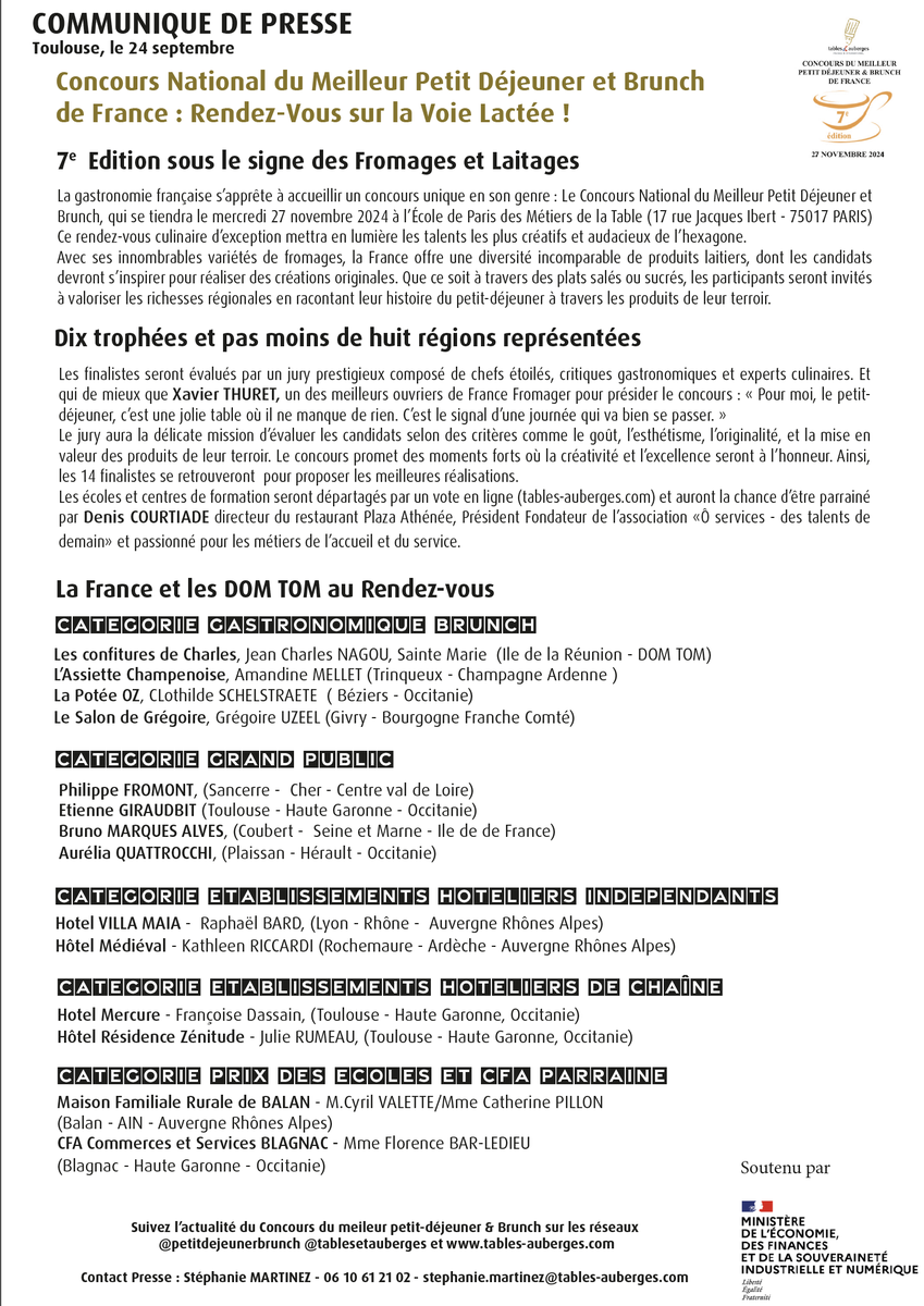 Lancement de la 7ème édition du Concours du Meilleur Petit Déjeuner &amp; Brunch de France ! 🏆 

Cette année la thématique est : Fromages &amp; Laitages 🧀🥛

Toutes les informations sont dans le communiqué ci dessous :  

#gastronomie #CONCOURS #Paris