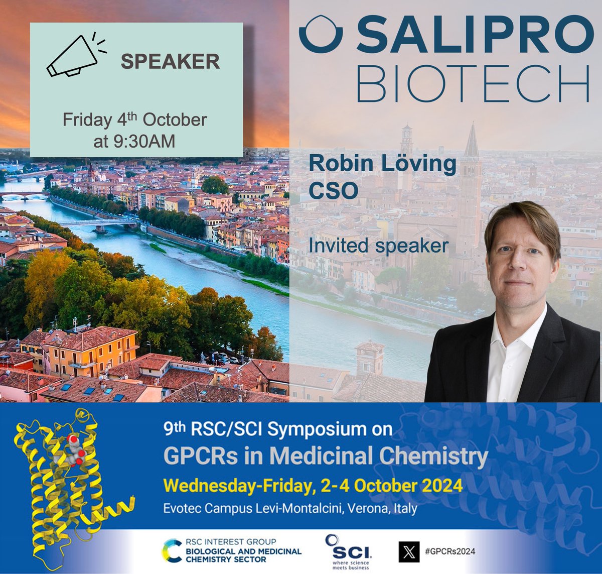 SaliproBiotech's tweet image. Attending the 9th RSC-BMCS/RSC-SCI Symposium on GPCRs in Medicinal Chemistry in Verona, Italy (Oct 2-4)?
Join our CSO, Robin Löving, presenting the #Salipro® platform and GPCR drug discovery on Friday, Oct 4.
More info: rscbmcs.org/events/gpcrs24/
#GPCRs2024 #DrugDiscovery