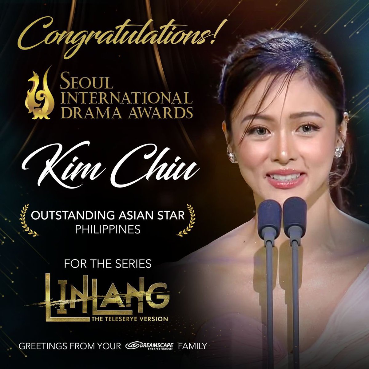 DreamscapePH's tweet photo. Congratulations, Kim Chiu @chinitaprincess for winning the OUTSTANDING ASIAN STAR for the series Linlang at Seoul International Drama Awards! 🇰🇷🏆

We’re so proud of you, Kapamilya! 😍💜 https://t.co/0sQUl8E25Z