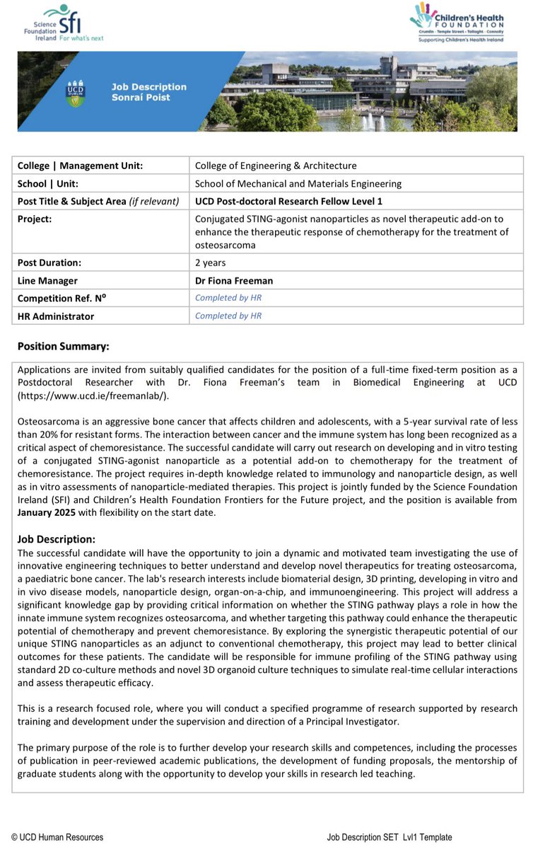 📣🚨#JobFairy #Hiring! Open Postdoc position (2 years) in the Freeman Lab on nanoparticle-mediated immunotherapy for #Osteosarcoma, collaborating with the brilliant <a href="/ScheryllAlken/">Scheryll</a>. 

For more information see ucd.ie/freemanlab/ope…

Retweets welcomed 🔁

Deadline October 8th!