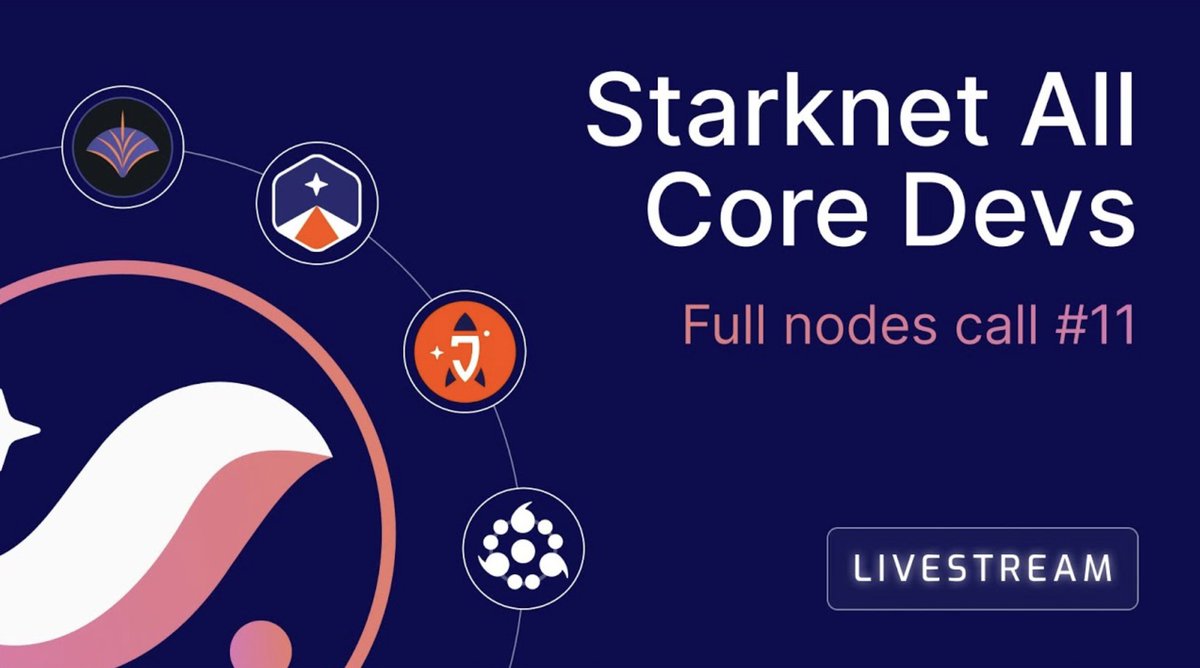 Starknet 🐺🐱 (@starknet) on Twitter photo Starknet Core Devs meet every 2 weeks - tune in and hear directly from the gigas behind the ⚡fast zk-rollup!
Thursday 26 Aug, 11am UTC
🔗 youtube.com/live/_UvMhJkXq…
<a href="/equilibrium_co/">Equilibrium</a> <a href="/StarkWareLtd/">StarkWare (BTCFi arc)</a> <a href="/NethermindStark/">Nethermind Starknet</a> <a href="/kasarLabs/">Kasar</a> Starknet Core Devs meet every 2 weeks - tune in and hear directly from the gigas behind the ⚡fast zk-rollup!
Thursday 26 Aug, 11am UTC
🔗 youtube.com/live/_UvMhJkXq…
<a href="/equilibrium_co/">Equilibrium</a> <a href="/StarkWareLtd/">StarkWare (BTCFi arc)</a> <a href="/NethermindStark/">Nethermind Starknet</a> <a href="/kasarLabs/">Kasar</a>