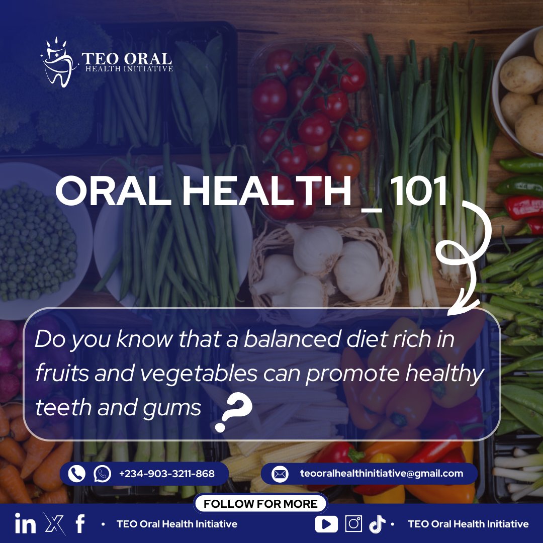 Do you know that a balanced diet rich in fruits🍏 and vegetables 🥬 can promote healthy teeth 🤩 and gums ❓

 Nutrient-dense foods provide essential vitamins and minerals for strong teeth 🦷 and a beautiful smile. 🤓