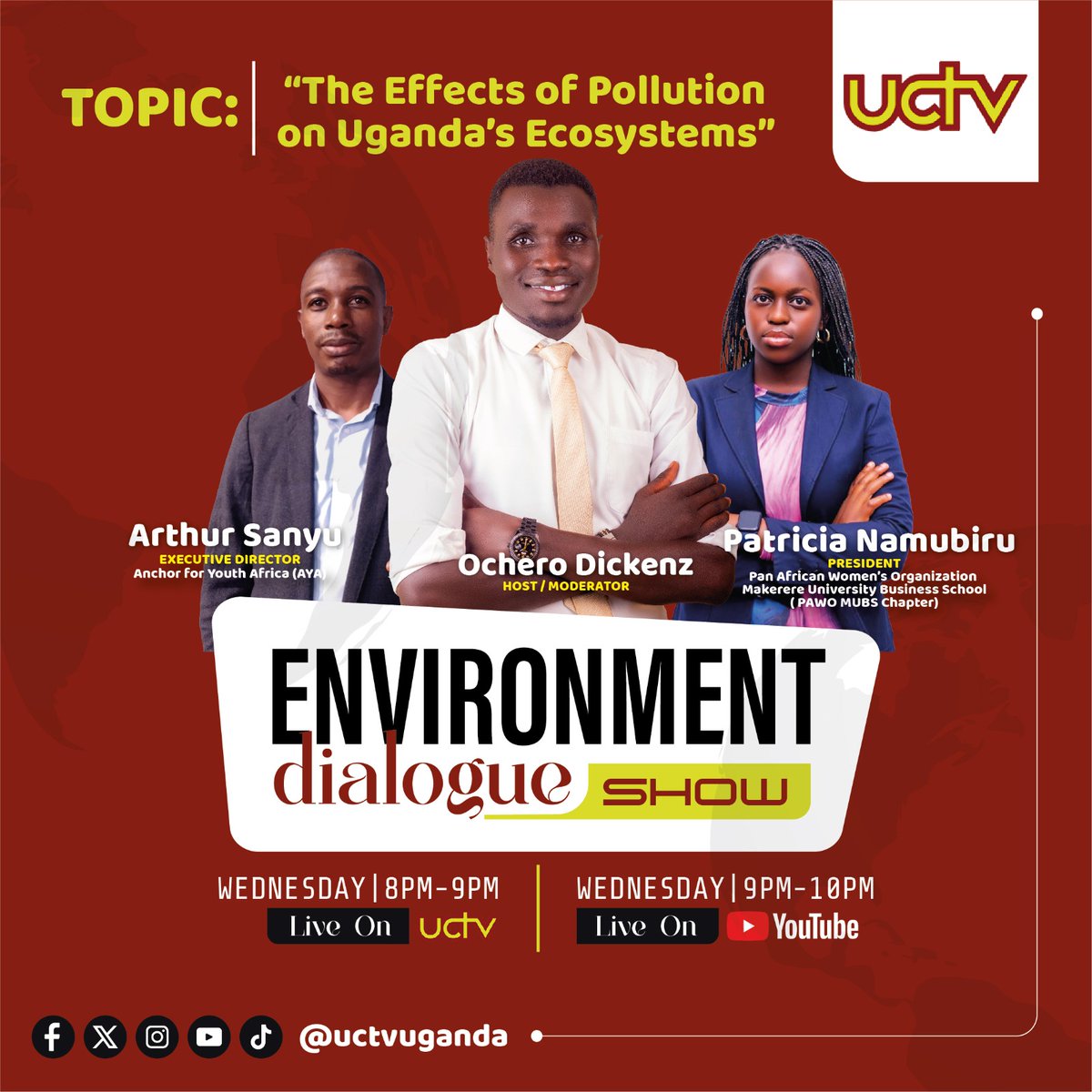 uctvuganda's tweet photo. Join us today at 8pm for UCTV Environment Dialogue
Topic: The Effects of Pollution on Uganda’s Ecosystem
Host: Ochero Dickens
#uctvenvironmentdialogue #environmentdialogue #environmentprotection #environmentawareness #uctvuganda #ugandacatholictelevision #uctv #pollution https://t.co/FmemD74z9F