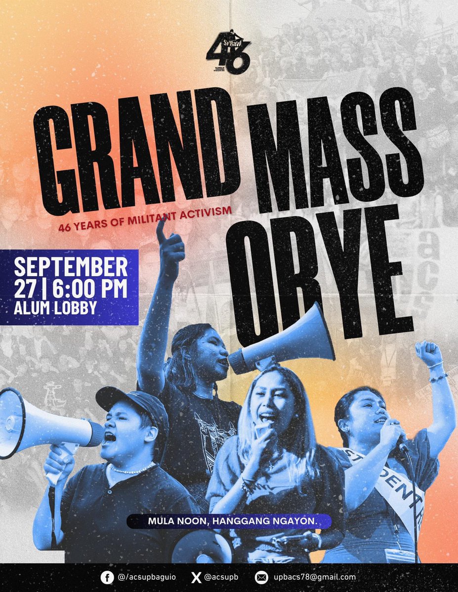 acsupb's tweet photo. ACTION, COMMITMENT, SOLIDARITY!
Samahan ang Alliance of Concerned Students sa gaganaping MASS ORIENTATION sa September 27, 2022, 6 pm sa Alum Lobby.
https://t.co/A8sSB4FkQAโฆ
#ACS46
#JOINACS https://t.co/5YOwDDIDij