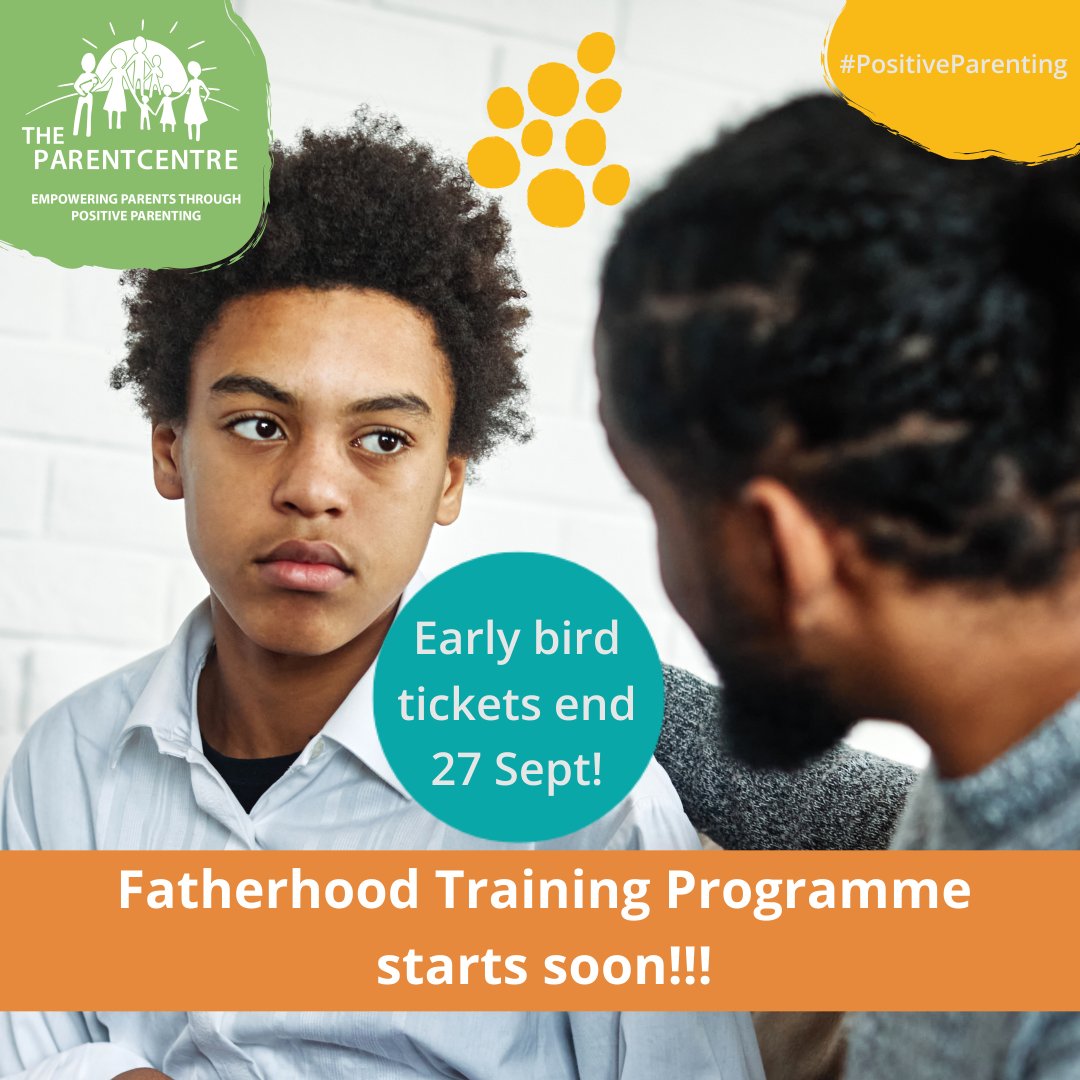 REMINDER! Our Fatherhood Programme starts on 5 October. > theparentcentre.org.za/fatherhood-tra…   

Two more days to grab an early bird ticket and save!
The course will cover:

• Identity of men and fathers
• The Role of Fathers
• Do Fathers Matter?
• Strengthen Relationships with Children