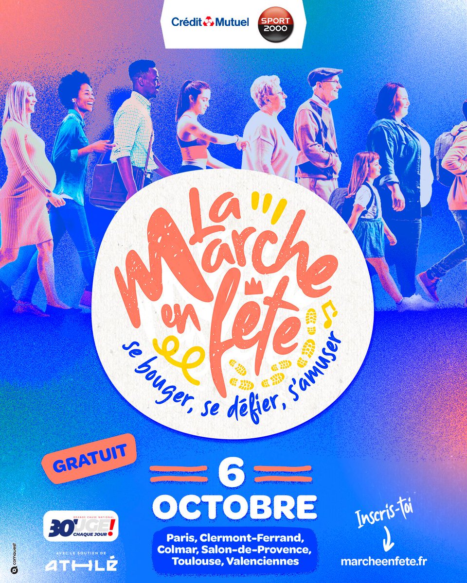 FFAthletisme's tweet photo. 👟 La marche en fête : Inscrivez-vous ! 🎉

💥 Participez à l’opération le dimanche 6 octobre dans l’une des 6 villes organisatrices : Clermont-Ferrand, Colmar, Paris, Salon-de-Provence, Toulouse et Valenciennes.

🗓️ Au programme :
. Marche active collective de 3 km : boucle festive et animée sur un parcours dédié
. Test « Diagnomarche » pour identifier sa vitesse de marche, encadré par les coachs FFA
. Village d’animations avec stands, ateliers (stretching, circuit training, kids athlé…), espaces détente et bien-être, conférences, foodtrucks…

🤩 L’occasion de partager un moment inoubliable avec la légende Marie-José Pérec, qui sera présente dès 10h30 dans la capitale pour accompagner les participants tout au long de la journée !

👉 Infos et inscriptions gratuites sur : https://t.co/o1eBkjOBly

🚶 Un projet porté par la Fédération Française d’Athlétisme avec le soutien de l’@Agence_du_Sport et parrainé par @CreditMutuel et @SPORT2000France, qui s’inscrit dans la Grande Cause Nationale 2024, dédiée à la promotion de l'Activité Physique et Sportive.