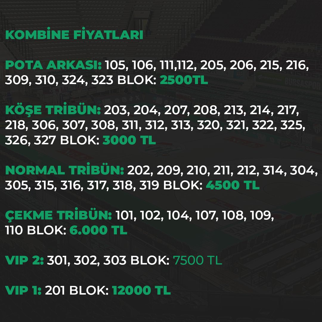 Bu sezon Türkiye Sigorta Basketbol Süper Ligi ve EuropeCup'ta mücadele edecek olan Bursaspor Basketbol Takımı’nın  2024-2025 sezonunda Nilüfer Tofaş Spor Salonu’nda oynayacağı karşılaşmaların kombineleri satışta. 

Online satış için tıklayın ⤵️⤵️⤵️
biletinial.com/tr-tr/spor/bur…