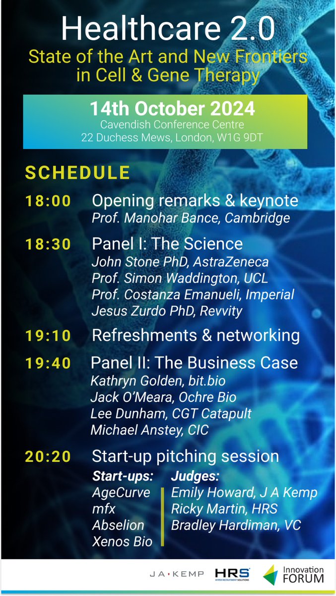 Innovation Forum (@innovation_f) on Twitter photo ❗Final agenda for our exclusive Cell & Gene therapy networking event!
🔥 Featuring leading academics, start-ups & companies working in the CGT space, including a keynote from <a href="/SENSElabCamb/">manohar bance</a> on implanting Europe's first gene therapy!
✍️ Registration: tinyurl.com/mrjp3wxn ❗Final agenda for our exclusive Cell & Gene therapy networking event!
🔥 Featuring leading academics, start-ups & companies working in the CGT space, including a keynote from <a href="/SENSElabCamb/">manohar bance</a> on implanting Europe's first gene therapy!
✍️ Registration: tinyurl.com/mrjp3wxn