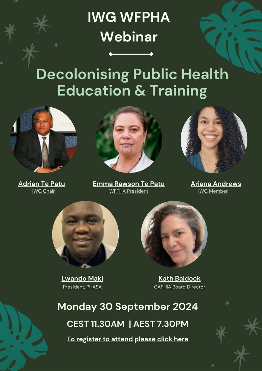 Join us on Monday, September 30th for a webinar on Decolonizing Public Health Education and Training.

Register for free here: us06web.zoom.us/webinar/regist…

We hope to see you there!

#decolonization #publichealth #educationandtraining #indigenous