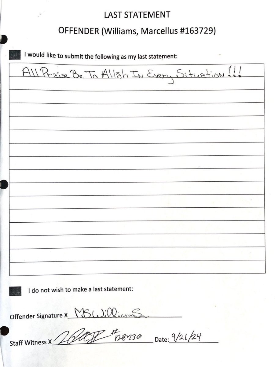 Eshkaro's tweet image. #BreakingNews 

Marcellus Williams has been executed, despite admissions from a prosecutor&apos;s office claiming his innocence.

His final statement was made public:  

&quot;All Praise Be To Allah In Every Situation!!!&quot;

#MarcellusWilliams #FinalStatement