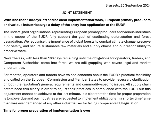 COCERAL_EU's tweet photo. 🚨 With less than 100 days left to the date of implementation and information lacking, COCERAL joins 27 other groups to urge a delay of the entry into application of the #EUDR and immediate implementation clarifications 🚨

Read in full 🔽 #deforestation
https://t.co/IlqWwqc4dg https://t.co/HJu9JCy9VO