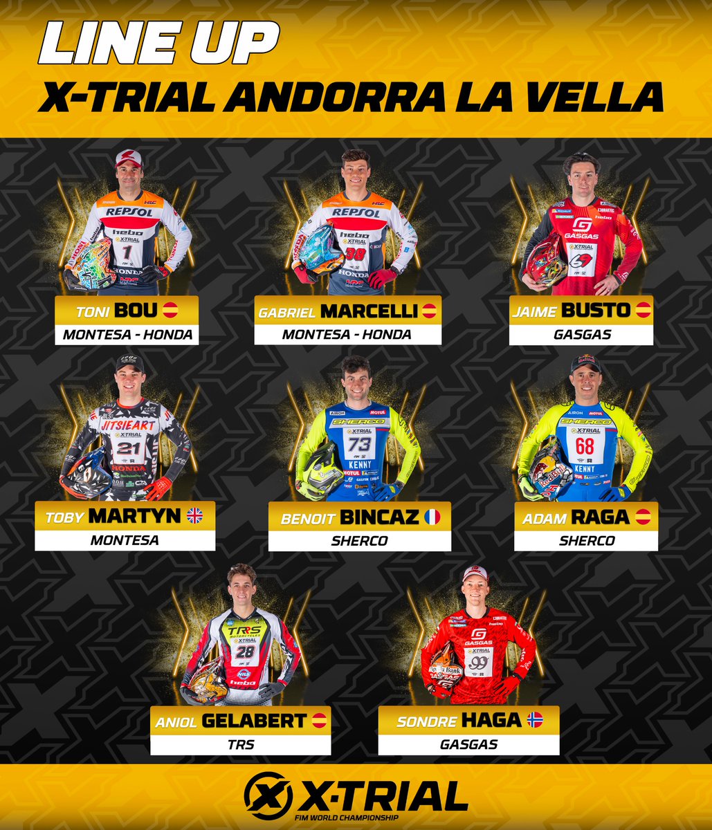 Participants are now confirmed for the fifth Round of the 2024 X-Trial World Championship.
Visit tickets.x-trial.com/xtrialand for tickets to the Poliesportiu d’Andorra or  follow every minute of the action live at x-trial.tv
<a href="/tonibou_oficial/">Toni Bou Oficial</a> <a href="/GgMarcelli/">Gabriel Marcelli</a> <a href="/jaimebusto/">Jaime Busto</a>