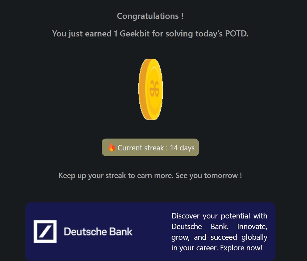 Pprratikk's tweet image. Day 14 of 21 days coding challenge 
@geeksforgeeks 
@DeutscheBank 
#21DaysOfCoding #CodingChallengeg #LearnToCode #GeekForGeeks #ING #DeutscheBank #geekstreak2024