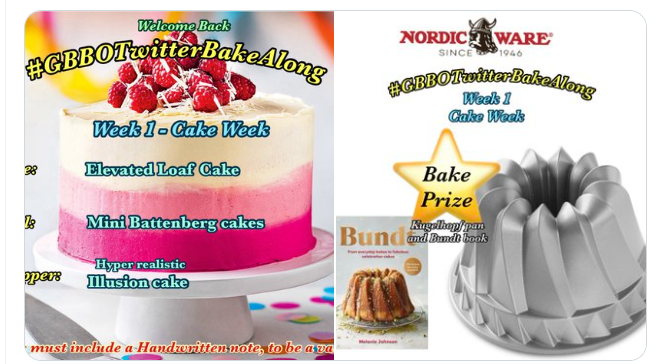 #FirstTMaster (@firsttmaster) on Twitter photo #GBBO
𝐖𝐞𝐥𝐜𝐨𝐦𝐞 𝐛𝐚𝐜𝐤 𝐭𝐨 #𝐠𝐛𝐛𝐨𝐭𝐰𝐢𝐭𝐞𝐫𝐛𝐚𝐤𝐞𝐚𝐥𝐨𝐧𝐠 📷
Here’s your 1st 3 challenges for #CakeWeek
Our 1st Star Bake prize comes from the fabulous people at <a href="/NordicWareUK/">NordicWareUK</a> 📷 ❤️
Get baking everyone.
<a href="/thebakingnanna1/">The Baking Nanna</a> <a href="/Rob_C_Allen/">Robert Allen</a> <a href="/marybethxx6/">❤️karen Mary Elizabeth❤️</a> #GBBO
𝐖𝐞𝐥𝐜𝐨𝐦𝐞 𝐛𝐚𝐜𝐤 𝐭𝐨 #𝐠𝐛𝐛𝐨𝐭𝐰𝐢𝐭𝐞𝐫𝐛𝐚𝐤𝐞𝐚𝐥𝐨𝐧𝐠 📷
Here’s your 1st 3 challenges for #CakeWeek
Our 1st Star Bake prize comes from the fabulous people at <a href="/NordicWareUK/">NordicWareUK</a> 📷 ❤️
Get baking everyone.
<a href="/thebakingnanna1/">The Baking Nanna</a> <a href="/Rob_C_Allen/">Robert Allen</a> <a href="/marybethxx6/">❤️karen Mary Elizabeth❤️</a>