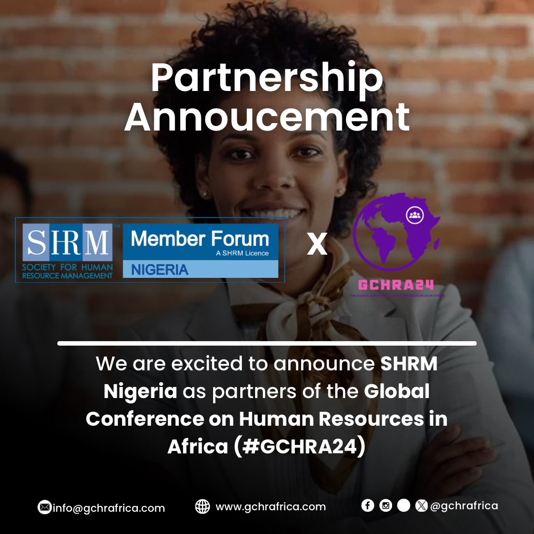 We are thrilled partner w/ <a href="/SHRMNigeria/">SHRM Forum Nigeria</a> 🇳🇬 for the inaugural <a href="/GCHRAfrica/">Global Conference HR in Africa (GCHRA) 🌍</a> 🌍.

At #GCHRA, our priority is to forge strategic and value-added partnerships.

Discover the opportunities available @ gchrafrica.com.

#GCHRA24 #AIinHR #HRtech #futureofHR #futureofwork #globalHR