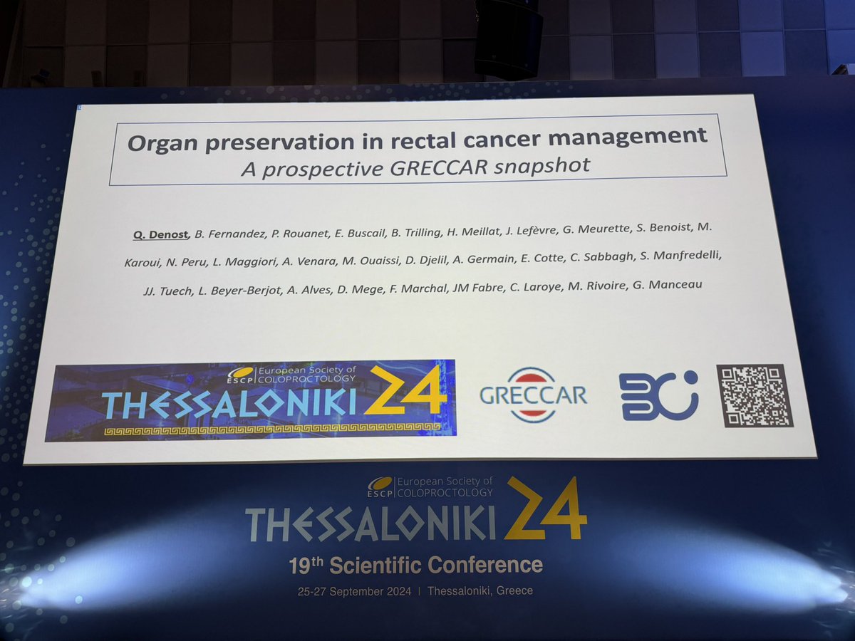 jeremielefevre (@jeremielefevre) on Twitter photo Organ preservation in rectal cancer. The <a href="/greccar/">GRECCAR (groupe francais chirurgie du rectum)</a> experience presented by <a href="/QDenost/">Quentin Denost</a> at #ESCP2024. <a href="/juliomayol/">Julio Mayol</a> <a href="/escp_tweets/">European Society of Coloproctology</a> <a href="/SWexner/">Steven D Wexner MD, PhD</a> <a href="/R_Perez_MD/">Rodrigo O Perez</a> 27 centres, 463 patients, W&W or local excision : 22% organ preservation +++ Organ preservation in rectal cancer. The <a href="/greccar/">GRECCAR (groupe francais chirurgie du rectum)</a> experience presented by <a href="/QDenost/">Quentin Denost</a> at #ESCP2024. <a href="/juliomayol/">Julio Mayol</a> <a href="/escp_tweets/">European Society of Coloproctology</a> <a href="/SWexner/">Steven D Wexner MD, PhD</a> <a href="/R_Perez_MD/">Rodrigo O Perez</a> 27 centres, 463 patients, W&W or local excision : 22% organ preservation +++