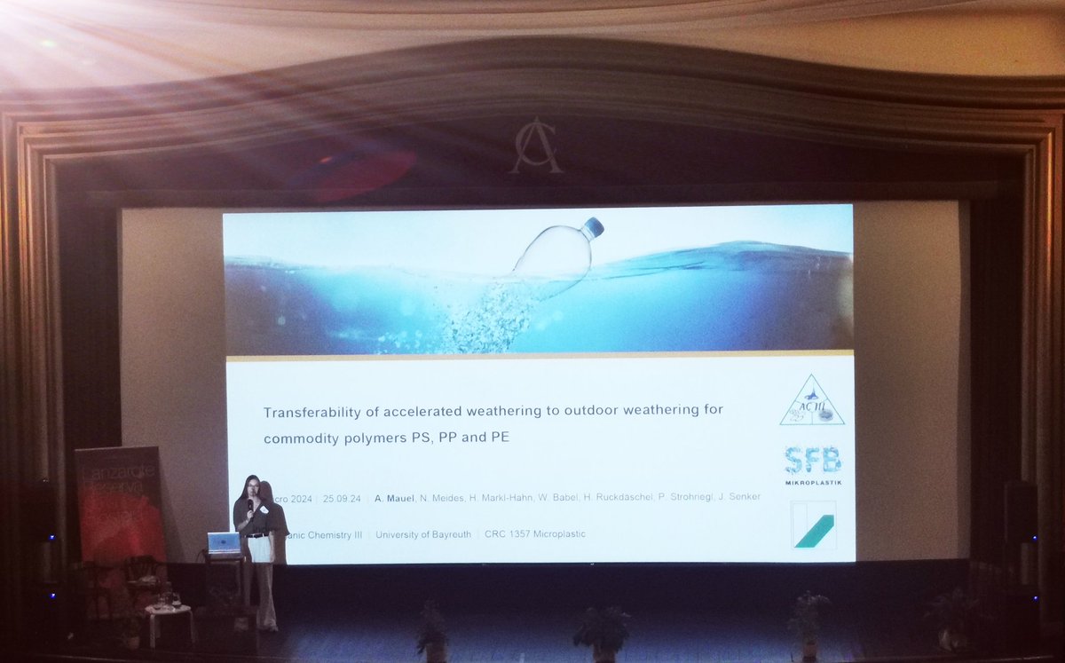 SFB1357's tweet photo. The stage at #Micro2024 is now ready for Anika Mauel, our #CRC1357 #NMR expert from the group of Jürgen Senker @unibt giving insights into her latest research on the "Transferability of accelerated #weathering to outdoor weathering for commodity polymers PS, PP and PE". https://t.co/nuaPfQWmOI