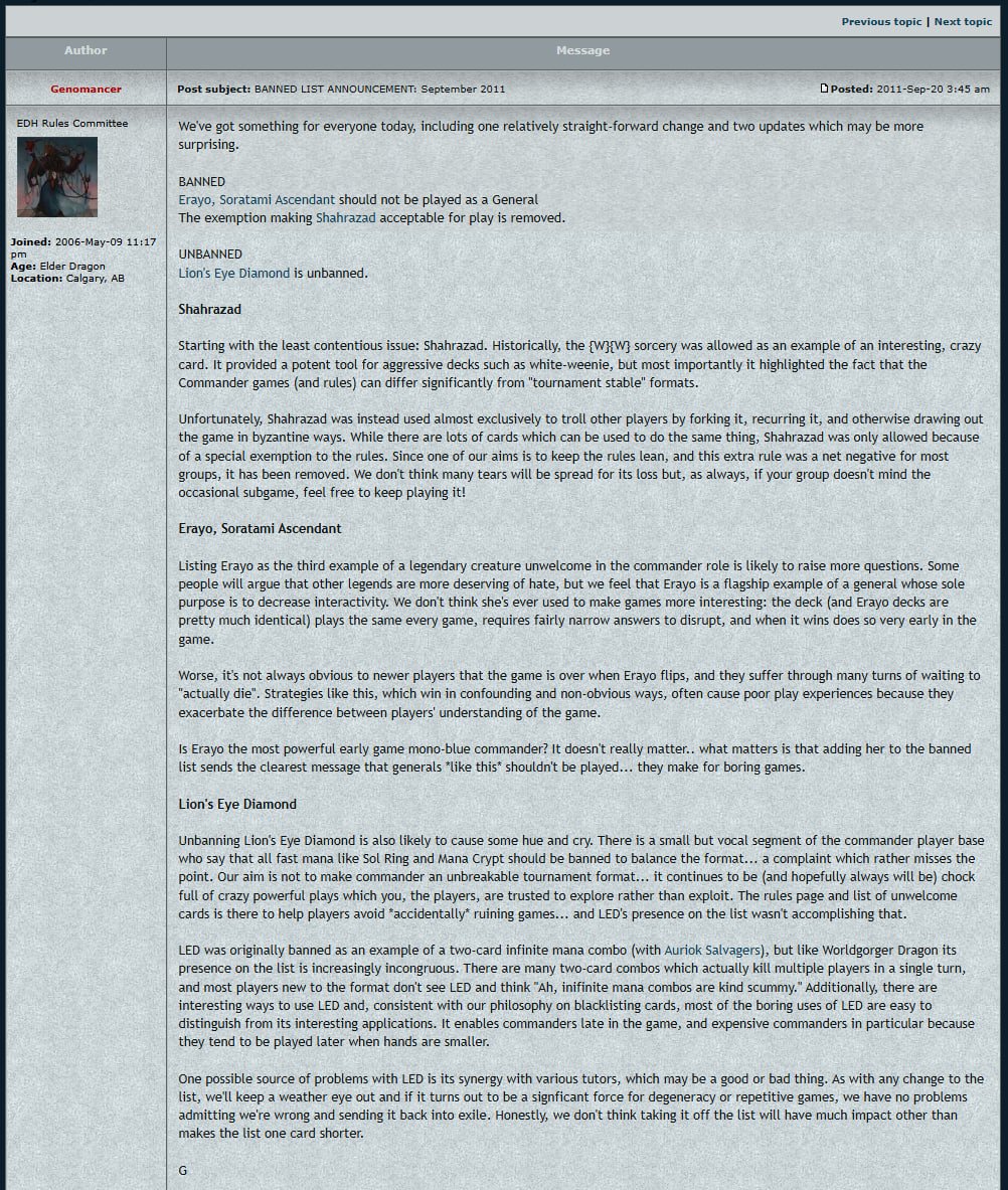 HispanicattheD5's tweet photo. On the Rules Committee Discord

This is why the Rules Committee needs to reverse the ban. It is inconsistent and hypocritical. It goes against precedent set by the RC in the past and it goes against the philosophy of commander as a format. There is more, so Thread time https://t.co/nU4Cc8TUBe