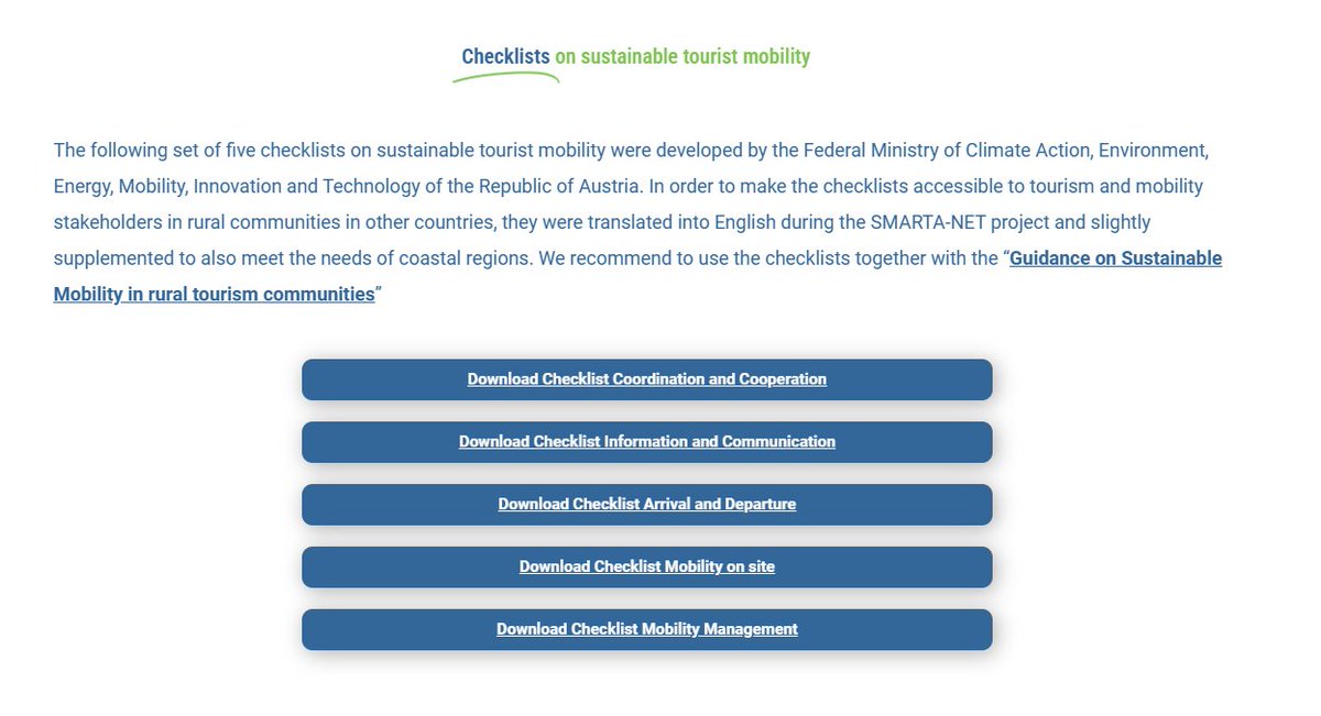 🌍🚶‍♀️🚴‍♂️ Checklists for #Sustainable #Tourist #Mobility Available! 🚴‍♂️ Austria's Climate Ministry developed 5 checklists, now in English via SMARTA-NET. Download here: smarta-net.eu/tools/