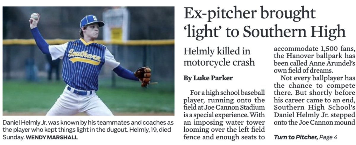 Daniel Helmly Jr, who was killed in a motorcycle crash Sunday, had to learn how to pitch to get any playing time as a Southern High Bulldog. 

By the end of his career, however, his coaches said there was no one else they’d rather have on the mound.

READ: capitalgazette.com/2024/09/25/sou…