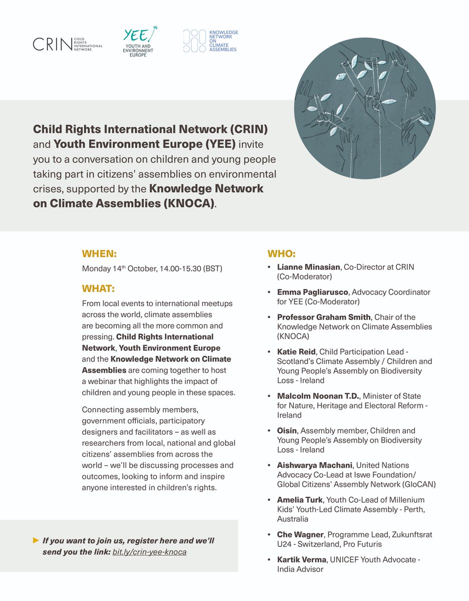 Child Rights International Network - CRIN (@crinwire) on Twitter photo 🌱Are you interested in learning how children and young people can get involved in citizens’ assemblies related to the climate crisis?
<a href="/CRINwire/">Child Rights International Network - CRIN</a>, @YEEnetwork and <a href="/KNOCA_eu/">KNOCA - Knowledge Network on Climate Assemblies</a> are hosting a webinar that highlights the impact of youth in these spaces at 2pm on Monday, October 14th! 🌱Are you interested in learning how children and young people can get involved in citizens’ assemblies related to the climate crisis?
<a href="/CRINwire/">Child Rights International Network - CRIN</a>, @YEEnetwork and <a href="/KNOCA_eu/">KNOCA - Knowledge Network on Climate Assemblies</a> are hosting a webinar that highlights the impact of youth in these spaces at 2pm on Monday, October 14th!