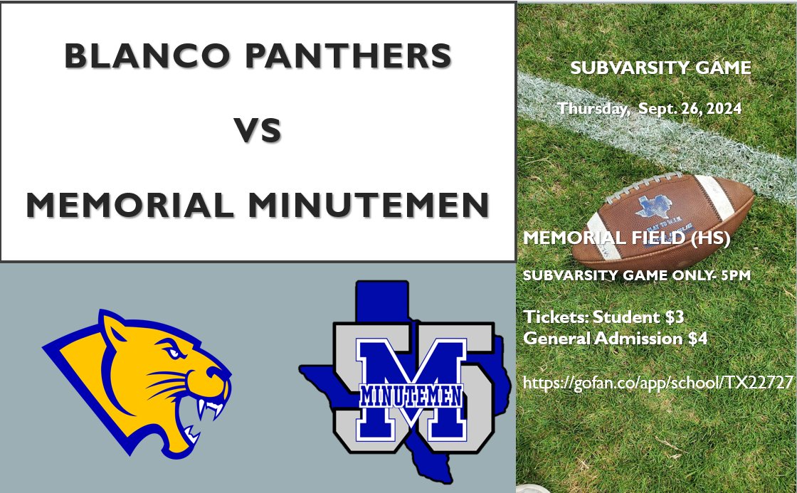 Paul Ortega (@coach_portega) on Twitter photo Get ready for live action with our <a href="/EISDMemorialHS/">Memorial High School</a> <a href="/EISDofSA/">Edgewood ISD</a> SubVarsity football game (Thurs.) vs the Blanco Panthers. It will be a combined team for tomorrow's game at 5pm Memorial Field. Come out and support! Click here for tickets or pay at the gate.
gofan.co/event/1604772?… Get ready for live action with our <a href="/EISDMemorialHS/">Memorial High School</a> <a href="/EISDofSA/">Edgewood ISD</a> SubVarsity football game (Thurs.) vs the Blanco Panthers. It will be a combined team for tomorrow's game at 5pm Memorial Field. Come out and support! Click here for tickets or pay at the gate.
gofan.co/event/1604772?…