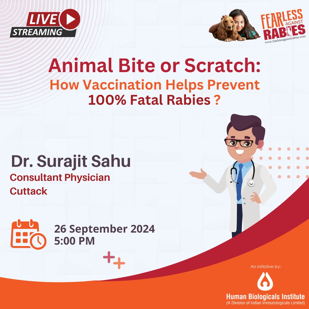 F_AgainstRabies's tweet photo. Join us for an informative session with Dr. Surajit Sahu on the crucial topic: “Animal Bite or Scratch: How Vaccination Helps Prevent Rabies ?”
🗓 Date: 26th September ⏰ Time: 17:00 Hrs
#worldrabiesday #animalbiteprevention #rabiesawareness #postexposureprophylaxis #healthtalk https://t.co/1OZDt0xCEx