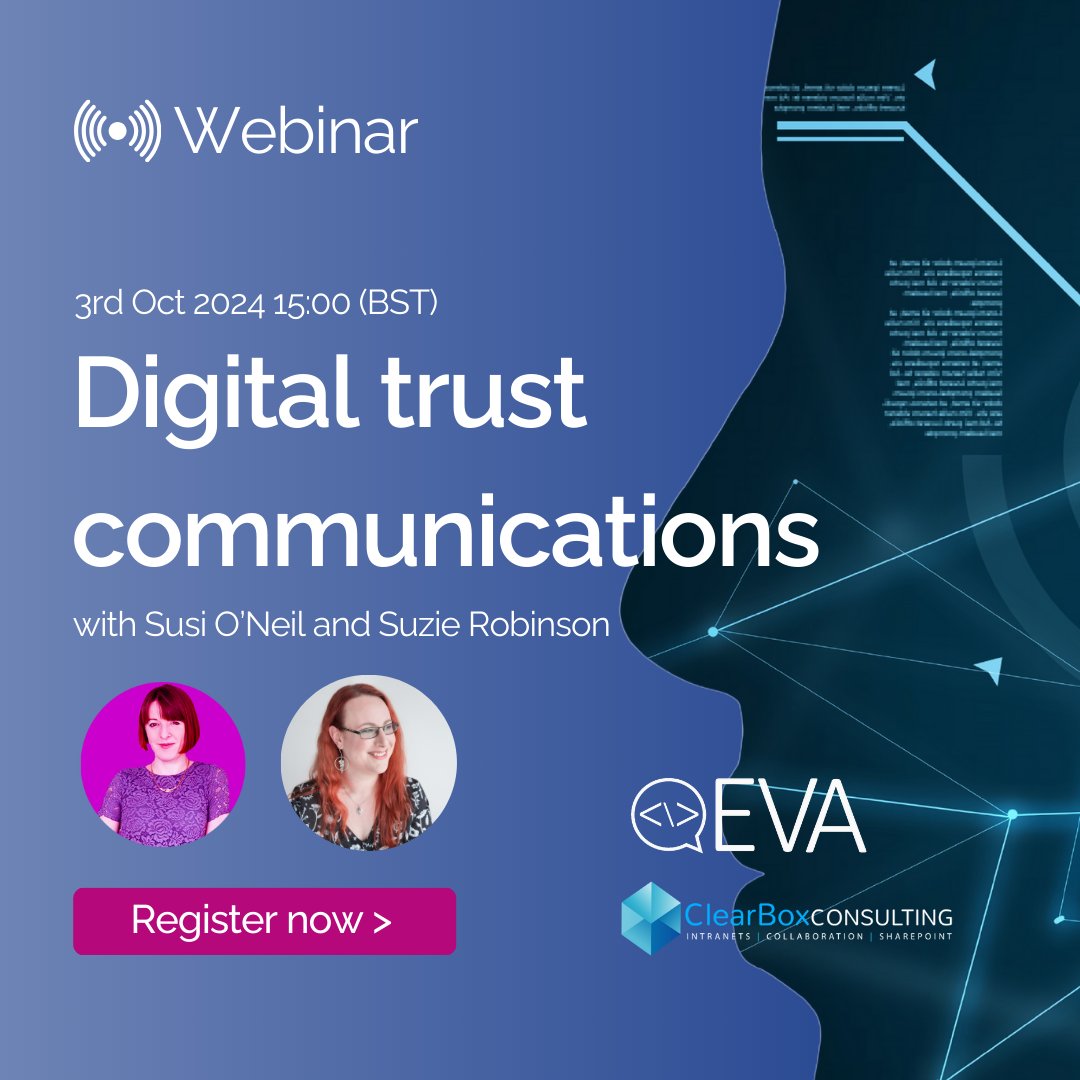 ClearBox Consulting (@clearbox) on Twitter photo 🎙 Don't miss our FREE AI in the Digital Workplace webinar featuring <a href="/SuzieRobinson42/">Suzie Robinson (she / her)</a> (ClearBox) & Susi O'Neill (EVA). Learn EVA's ABC framework for building trust, & get actionable tips to improve trust in digital comms.
Register FREE: us02web.zoom.us/webinar/regist… 🎙 Don't miss our FREE AI in the Digital Workplace webinar featuring <a href="/SuzieRobinson42/">Suzie Robinson (she / her)</a> (ClearBox) & Susi O'Neill (EVA). Learn EVA's ABC framework for building trust, & get actionable tips to improve trust in digital comms.
Register FREE: us02web.zoom.us/webinar/regist…