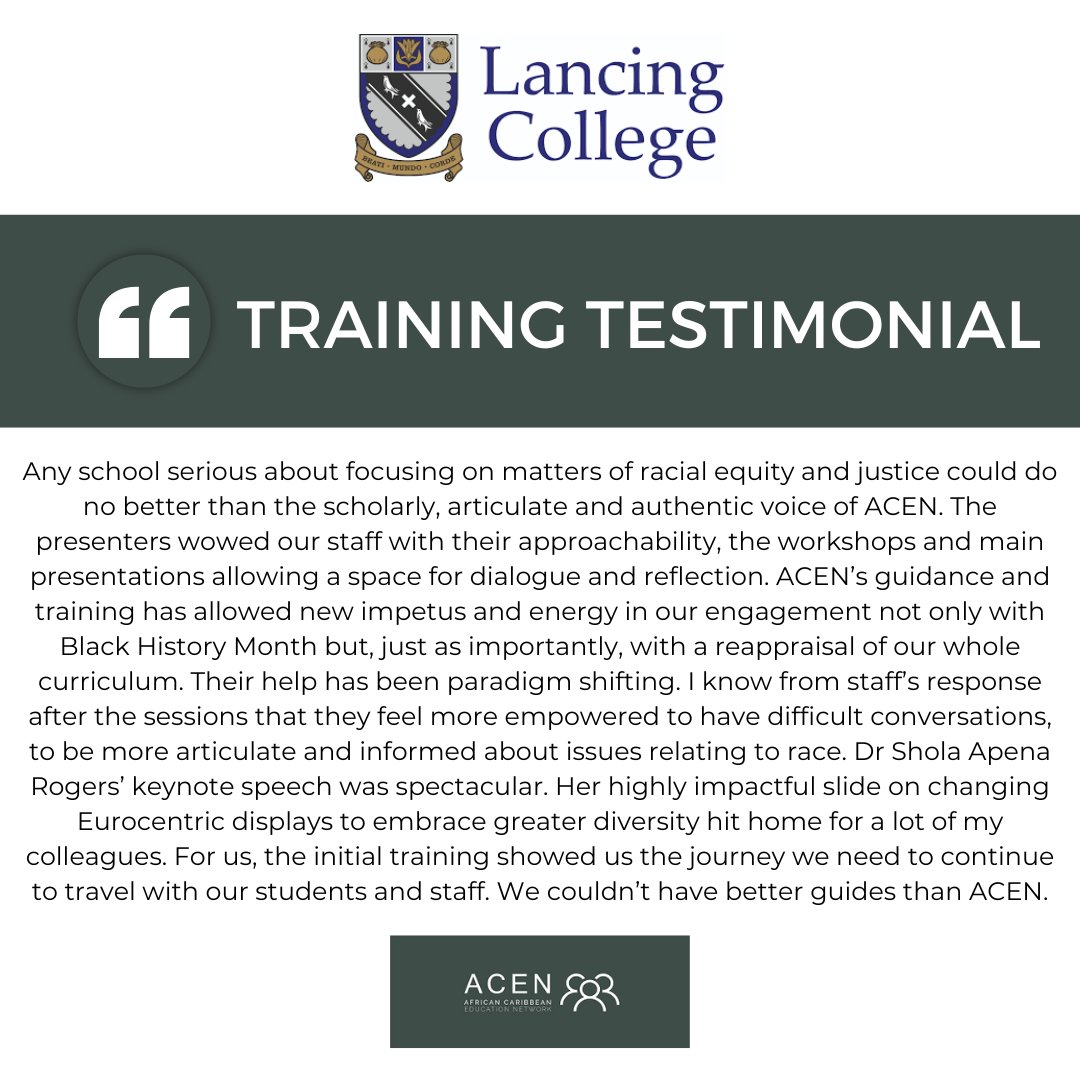 ACEN partners with schools for tailored racial inclusion training, from year 6 to SLTs. Our comprehensive approach includes INSET training, strategy sessions, and department-specific workshops. Info: aceducationnetwork.com/training-cours… #RacialInclusion #Training #Education
