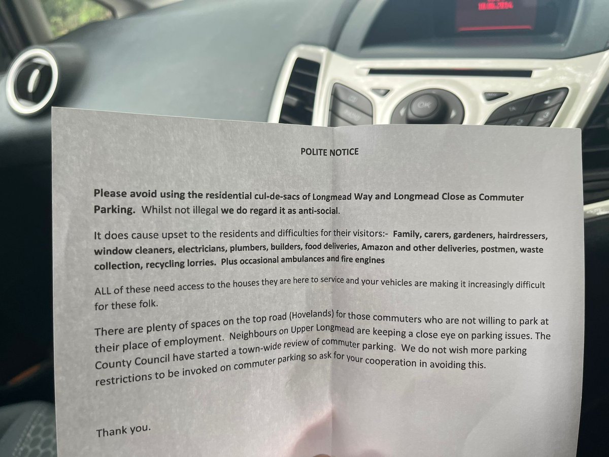 My daughter is a medical student at #Taunton #plymouthmedicalschool. She has to be in at 0730 unpaid to learn to look after people: on her first day in a legally parked, taxed and insured car got this note. The local who did it and who may need her one day is antisocial, not her