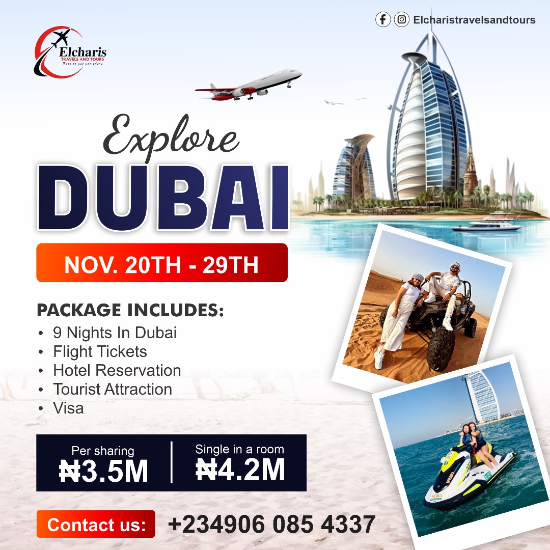 Femitobi1's tweet image. Get ready for the ultimate getaway to Dubai
📍 What’s Included:
✅ 9 Nights in Dubai
✅ Flight Tickets ✈
✅ Hotel Reservation 🏨
✅ Tourist Attractions 🌍
✅ Visa Assistance ✅
💰 Tour Price:
👥 Per Sharing: ₦3.5M
🏡 Single Room: ₦4.2M
📅 Dates: November 20th - 29th #TheUK