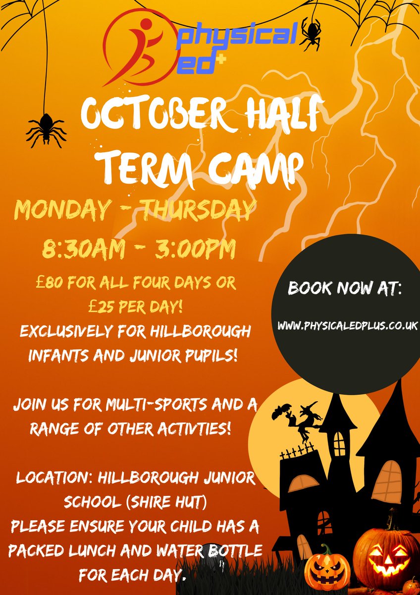 🔔🔔 Booking for our October Camp is now LIVE! 🔔🔔

🚨‼️ Please note spaces are limited so to avoid disappointment BOOK NOW at: 
➡️ physicaledplus.co.uk

<a href="/hillboroughinf/">Hillborough Infant and Nursery School</a> <a href="/HillboroughJun1/">Hillborough Junior School</a>