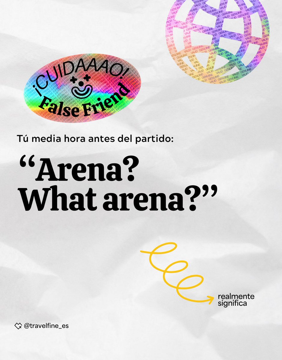 Travelfine_es's tweet image. A ver si vamos mejorando un poquito el inglés 🇬🇧, y así no confundirás “arena” con estadio 🏟️🤣

#Spanglish #FalseFriends #AprendeInglés