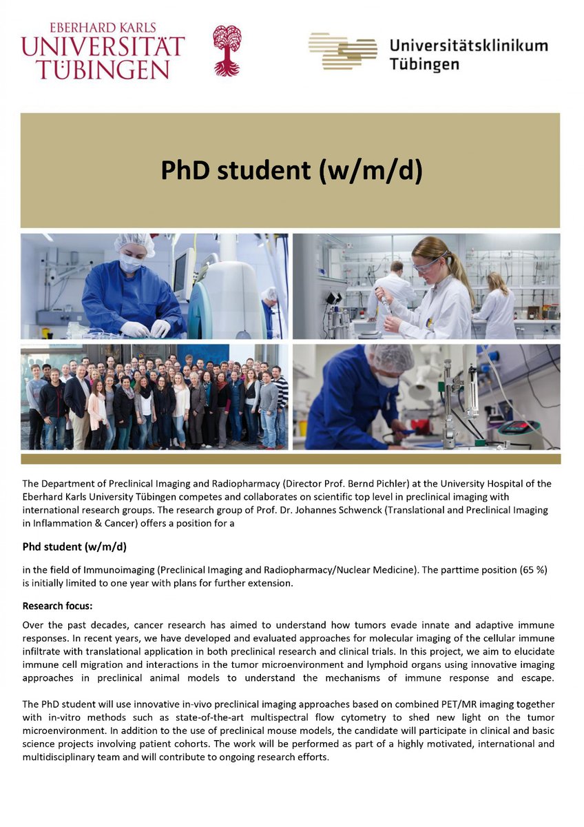 The research group of Prof. Dr. Johannes Schwenck is hiring a #PhD student (f/m/d) in the field of #Immunoimaging (Preclinical Imaging &amp; Radiopharmacy/Nuclear Medicine).  

🗓️Deadline: 15.10.2024  

🔗jobs.medizin.uni-tuebingen.de/Job/5131/PhD-S…
 
Join our team &amp; contribute to cutting-edge research!