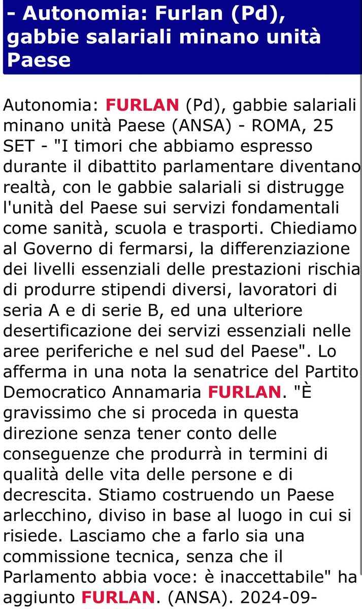 FurlanAnnamaria's tweet photo. I timori che abbiamo espresso durante il dibattito sull'autonomia differenziata diventano realtà, con le gabbie salariali si distrugge l'unità del Paese per servizi fondamentali come sanità, scuola e trasporti. Stipendi diversi significa lavoratori di seria A e di serie B. https://t.co/QKltHNIdGI