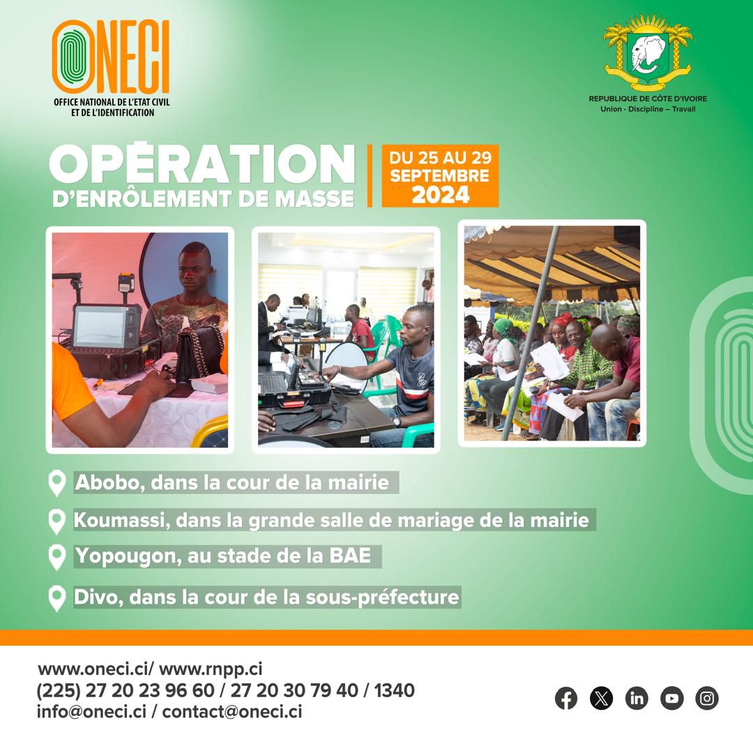 𝐎𝐍𝐄𝐂𝐈| 𝐎𝐏𝐄́𝐑𝐀𝐓𝐈𝐎𝐍 𝐃'𝐄𝐍𝐑𝐎̂𝐋𝐄𝐌𝐄𝐍𝐓 𝐃𝐄 𝐌𝐀𝐒𝐒𝐄

L’ONECI porte à la connaissance des populations qu’une campagne d’enrôlement spéciale, en vue de l’obtention des cartes nationales d’identité, se tiendra du 25 au 29 septembre 2024 à Abidjan et à