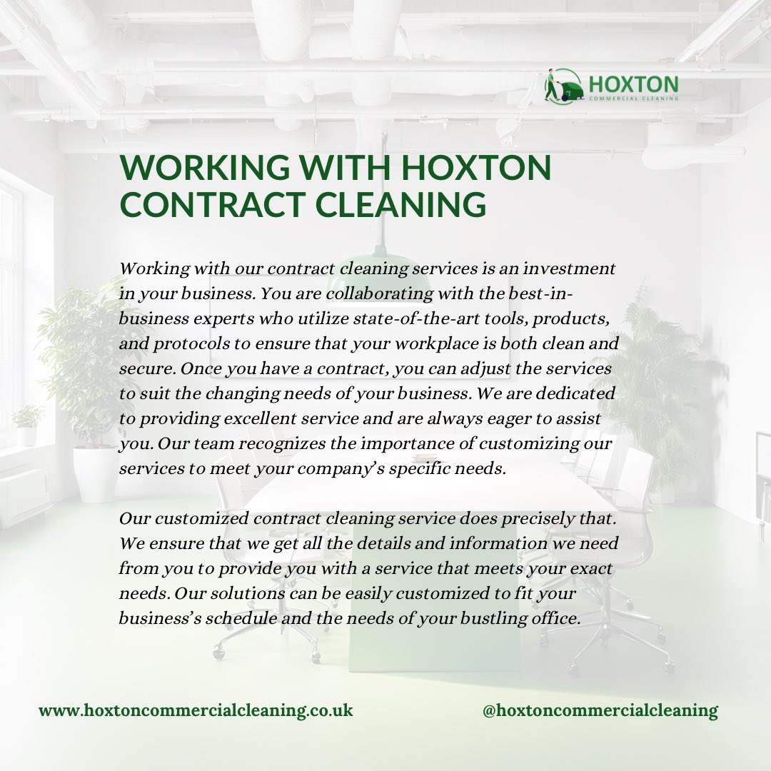 Cleanethic_s's tweet photo. Our contract cleaning services provide tailored solutions to meet your specific business needs. 

Ready to make a clean investment in your business? Reach out to us today for a customized cleaning plan!

#hoxtoncommercialcleaning #contractcleaning #commercialcleaning #UK https://t.co/0eQSgDJzao