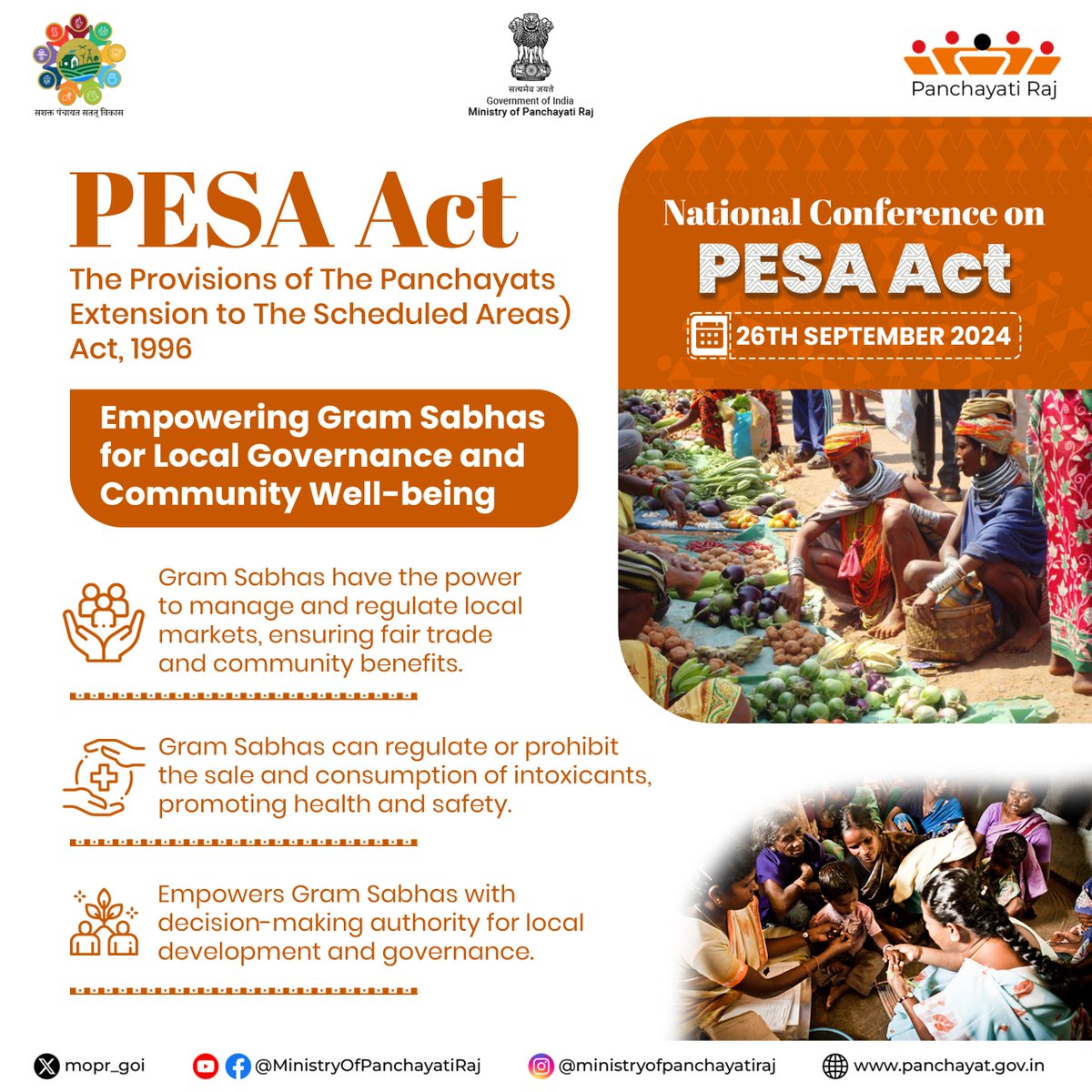mopr_goi's tweet photo. The #PESA Act (1996) empowers #GramSabhas with decision-making authority for local governance &amp; development, enabling them to manage markets, regulate trade, and promote health, ensuring community well-being and sustainable progress in Scheduled Areas.

#PESAConference https://t.co/t0YRlgdDA7