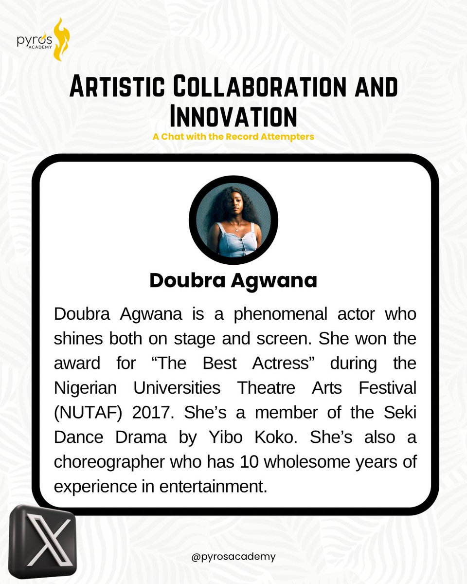 Pyros Performance Art Academy (@pyrosacademy) on Twitter photo Join us this Saturday, 28th September at 6 pm as we feature the phenomenal actor, <a href="/dee_strider/">Doubraagwana</a> of @Theeclipse_gwr.🔥🔥
In our space, we’ll explore her love for live theatre and how this Theatreton will impact the future of the arts.
Set a reminder⬇️ x.com/i/spaces/1BdGY… Join us this Saturday, 28th September at 6 pm as we feature the phenomenal actor, <a href="/dee_strider/">Doubraagwana</a> of @Theeclipse_gwr.🔥🔥
In our space, we’ll explore her love for live theatre and how this Theatreton will impact the future of the arts.
Set a reminder⬇️ x.com/i/spaces/1BdGY…
