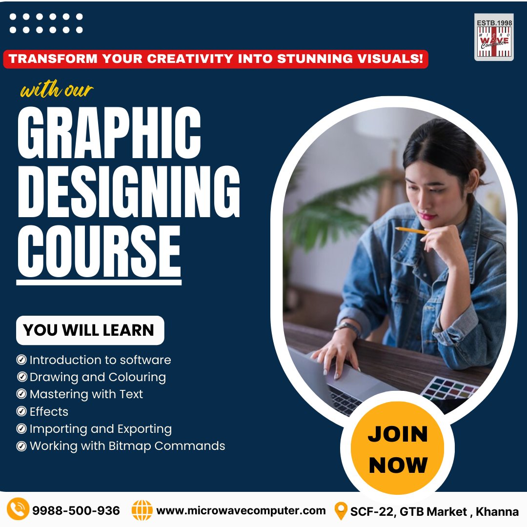 mwc_98's tweet image. 👉Design your future! Join our Graphic Designing Course and bring your creative ideas to life.
📲Call for more information-99885-00936
📌SCF-22, GTB Market, Khanna.
#graphicdesign #designcourse #visualart #creativelearning #designcareer #DesignEducation
#microwavecomputer #khanna