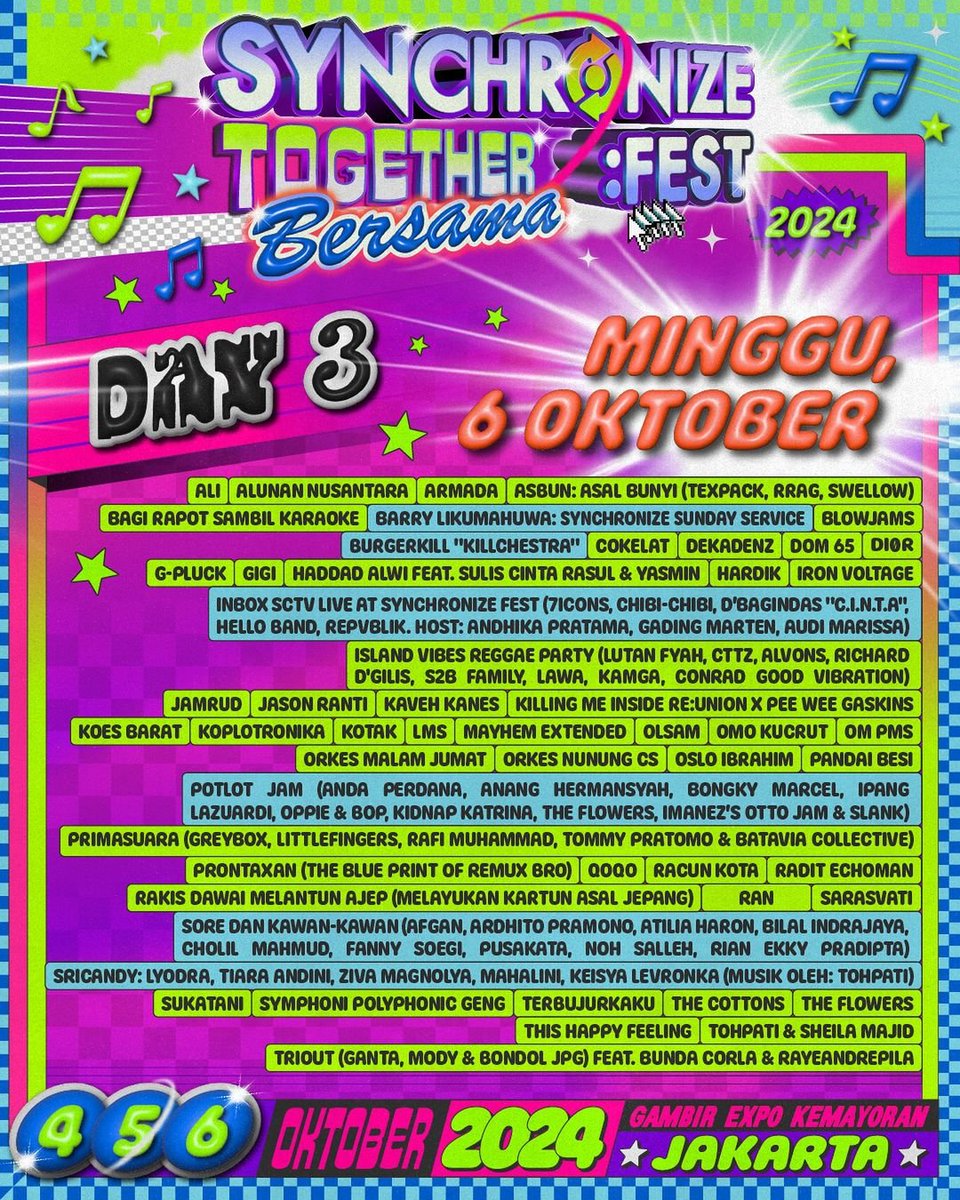 Line up penampil #SynchronizeFest24 day 1, day 2 dan day 3 #TogetherBersama

📅 04-06 Oktober 2024
📍 Jiexpo Kemayoran, Jakarta

Tiketnya masih bisa kamu beli di synchronizefestival.com

#rajanyaevent #infoevent #fyp