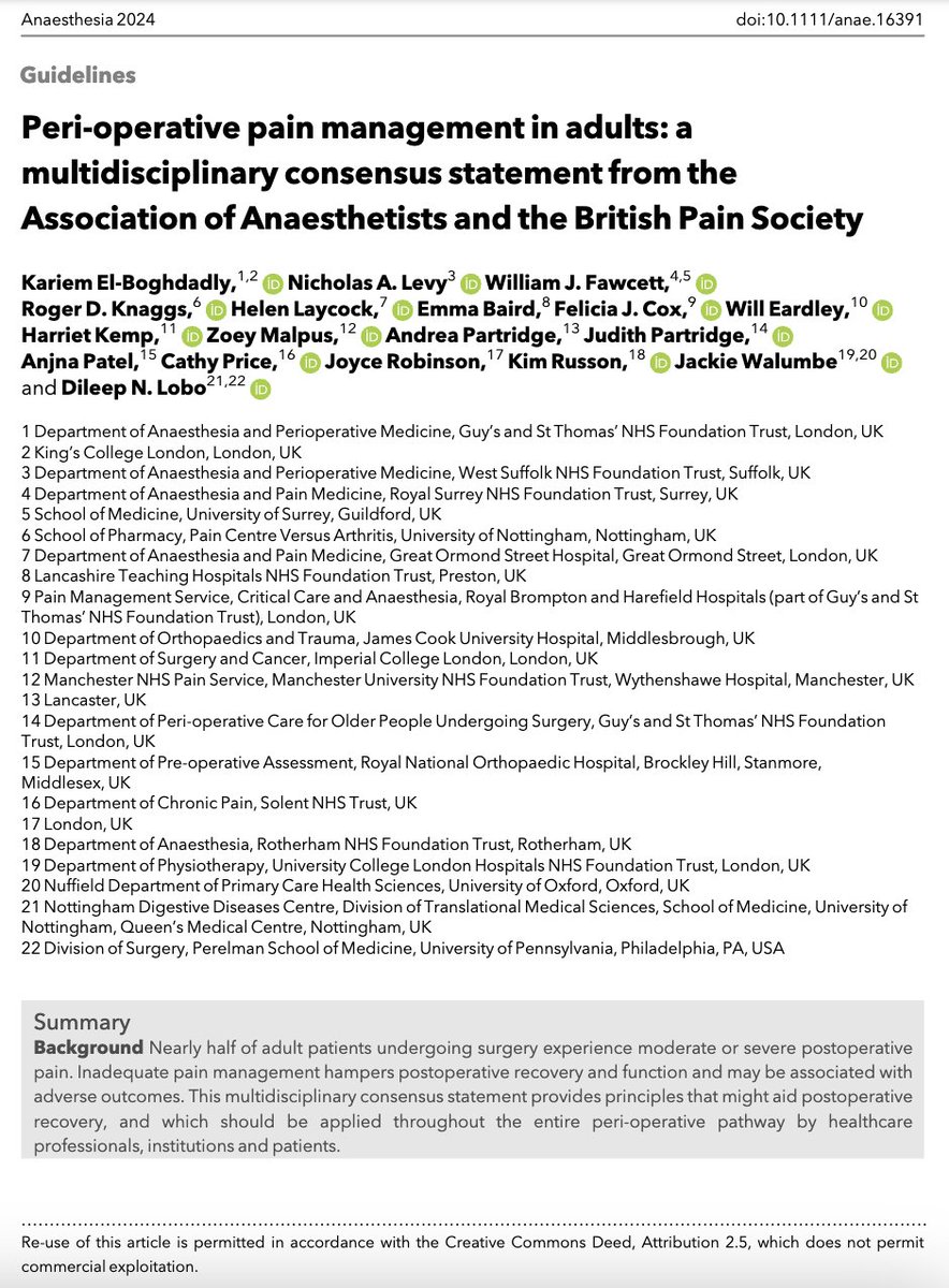 ๐๐ฏ๐ข๐ฆ๐ด๐ต๐ฉ๐ฆ๐ด๐ช๐ข (@anaes_journal) on Twitter photo Peri-op pain management in adults: a multidisciplinary consensus statement <a href="/Assoc_Anaes/">Association of Anaesthetists</a> <a href="/BritishPainSoc/">The British Pain Society</a>
<a href="/elboghdadly/">Kariem</a> <a href="/nicholasalevy/">Nicholas Levy</a> <a href="/BillFawcett/">Bill Fawcett</a> <a href="/hlaycock/">Helen Laycock</a> <a href="/FeliciaJCox/">Felicia Cox FRCN ๐ ๐</a> <a href="/Williameardley/">Will Eardley</a> <a href="/ZMalpus/">Dr Zoey Malpus</a> <a href="/anjna_pate1/">Anjna Patel</a> <a href="/cathyprice1964/">Cathy Price ๐๐บ๐ฆ๐ด๓ ง๓ ข๓ ท๓ ฌ๓ ณ๓ ฟ</a> <a href="/gasorrun/">Kim Russon</a> @nabualaw <a href="/DL08OMD/">Dileep Lobo</a>
โฆ-publications.onlinelibrary.wiley.com/doi/full/10.11โฆ Peri-op pain management in adults: a multidisciplinary consensus statement <a href="/Assoc_Anaes/">Association of Anaesthetists</a> <a href="/BritishPainSoc/">The British Pain Society</a>
<a href="/elboghdadly/">Kariem</a> <a href="/nicholasalevy/">Nicholas Levy</a> <a href="/BillFawcett/">Bill Fawcett</a> <a href="/hlaycock/">Helen Laycock</a> <a href="/FeliciaJCox/">Felicia Cox FRCN ๐ ๐</a> <a href="/Williameardley/">Will Eardley</a> <a href="/ZMalpus/">Dr Zoey Malpus</a> <a href="/anjna_pate1/">Anjna Patel</a> <a href="/cathyprice1964/">Cathy Price ๐๐บ๐ฆ๐ด๓ ง๓ ข๓ ท๓ ฌ๓ ณ๓ ฟ</a> <a href="/gasorrun/">Kim Russon</a> @nabualaw <a href="/DL08OMD/">Dileep Lobo</a>
โฆ-publications.onlinelibrary.wiley.com/doi/full/10.11โฆ