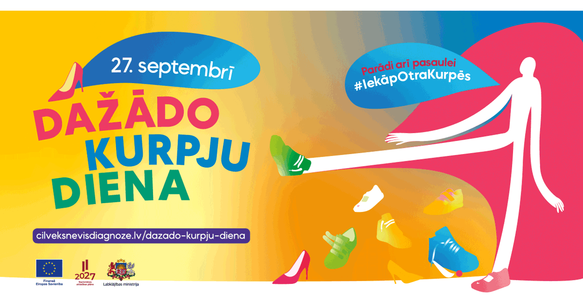 Lab_min's tweet photo. Iekāp otra kurpēs – piedalies Dažādo kurpju dienā!
Piektdien, 27. septembrī, visā Latvijā notiks valsts mēroga sociālā akcija cilvēku ar invaliditāti atbalstam „Dažādo kurpju diena”. ✅

Vairāk lasi: https://t.co/0lUgtJl8Ze

#Cilvēksnevisdiagnoze | #iekāpotrakurpēs | #ESfondi | #cilvēks | #Labklājībasministrija