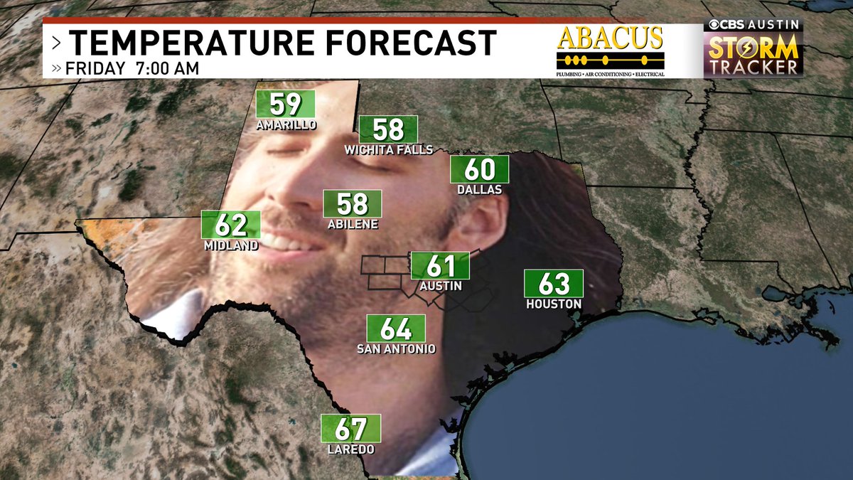 averytomascowx's tweet photo. Friday morning forecast in Texas #txwx #ColdFront https://t.co/ZOQLQ8sg20
